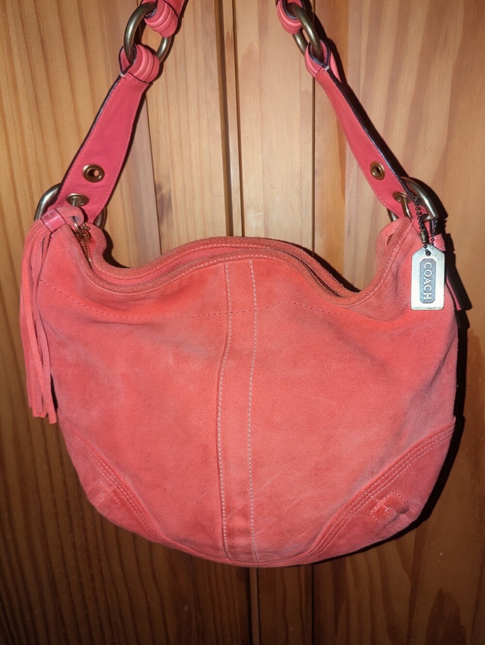 Coach Vintage Soho Y2K Coral Pink Suede Shoulder Bag with Brass Rings. 8A16